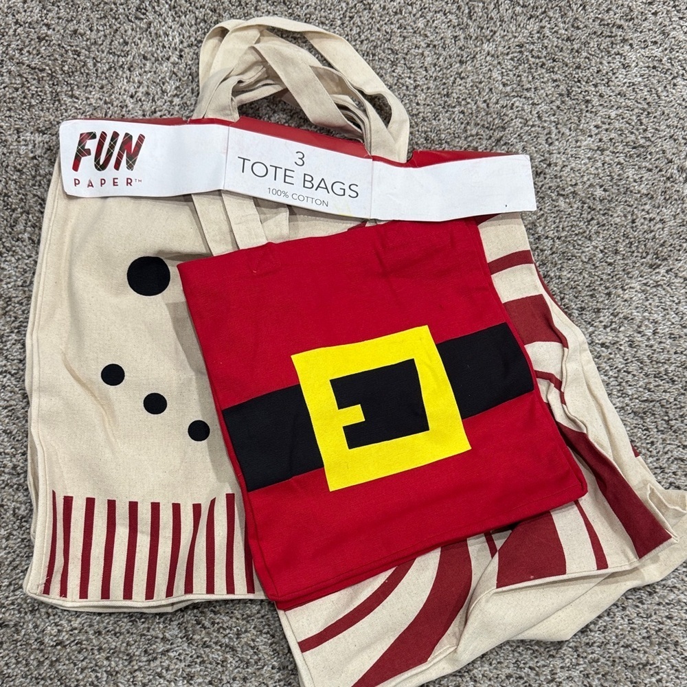 FUN Paper 3-Pack Christmas Cotton Tote Bags - Red, Yellow, Black, Natural